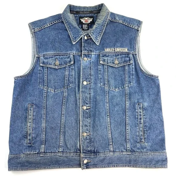 Harley Davidson Motorcycles Embroidered Patch Denim Vest Jacket Blue Mens XL - Picture 2 of 10